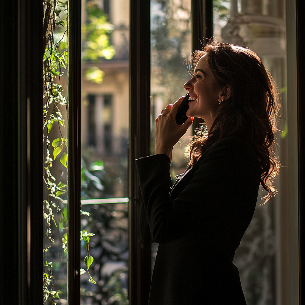 Une femme qui rit au téléphone | Source : Midjourney