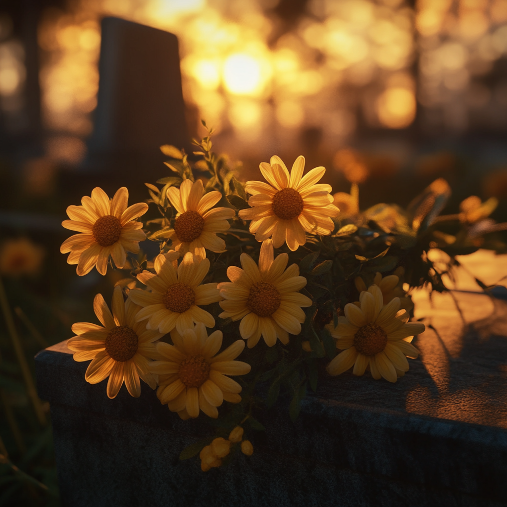 A bouquet of yellow daisies on a tombstone | Source: Midjourney