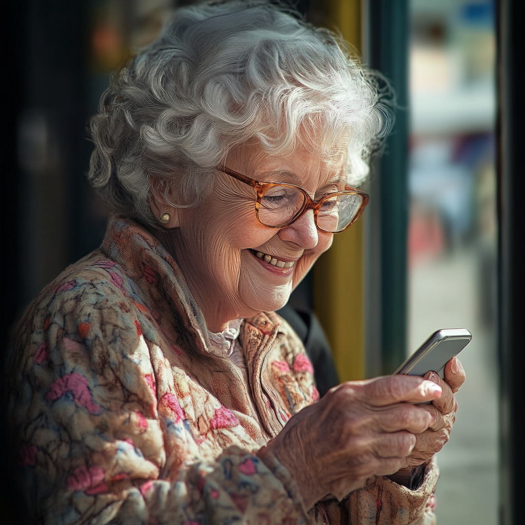 Une dame âgée qui sourit tout en envoyant un texto | Source : Midjourney