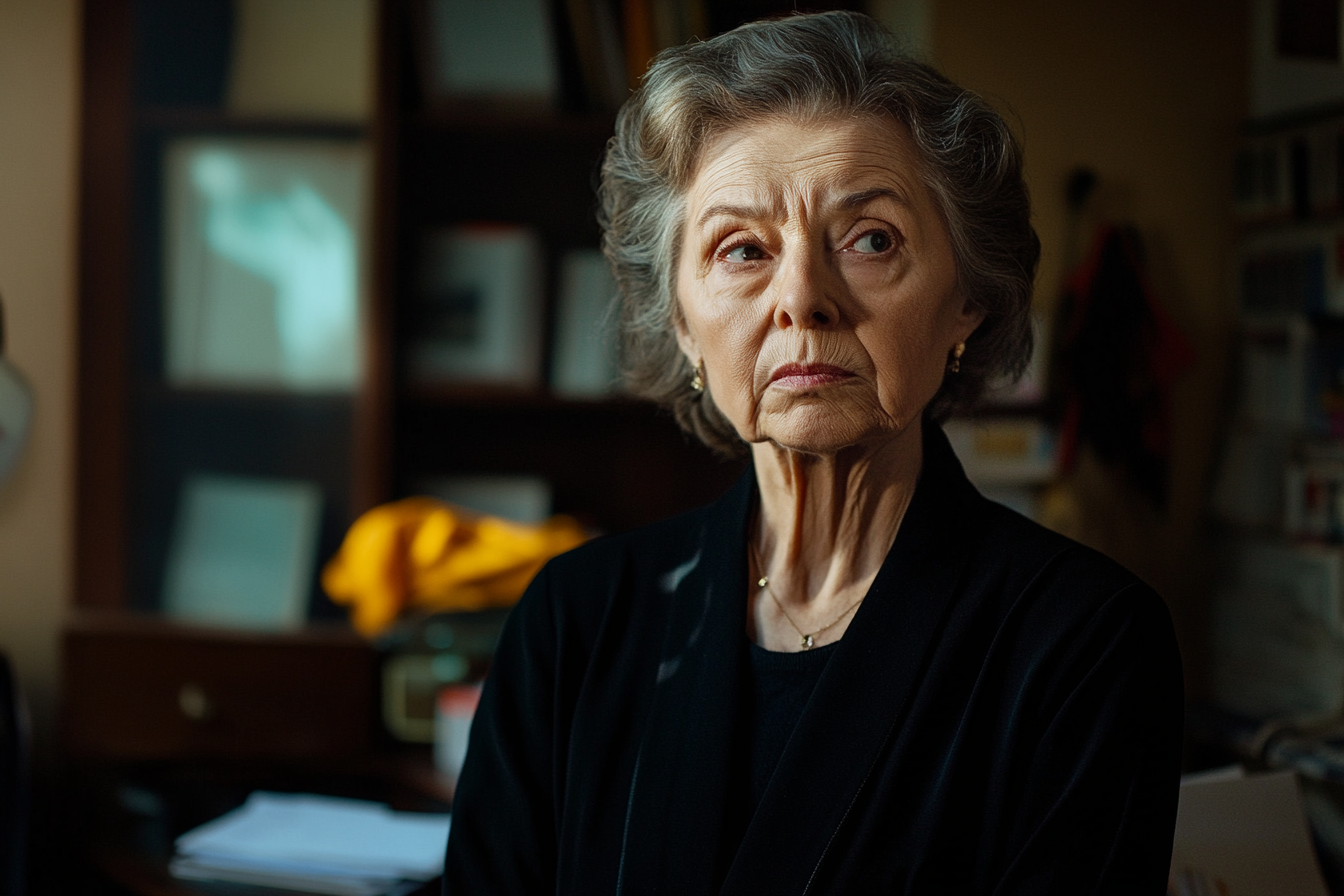 Vieille femme sérieuse dans un bureau qui regarde sur le côté avec colère | Source : Midjourney