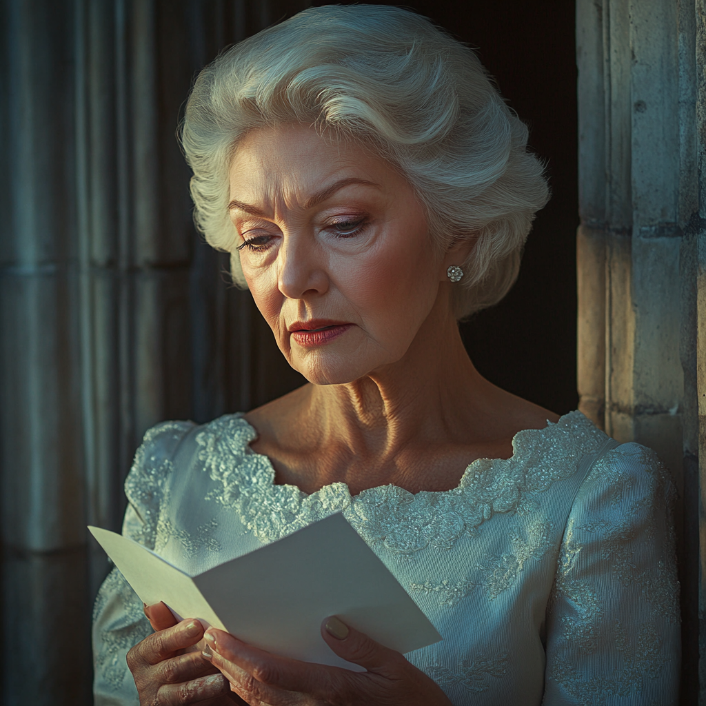 Une dame âgée et triste tenant une lettre | Source : Midjourney