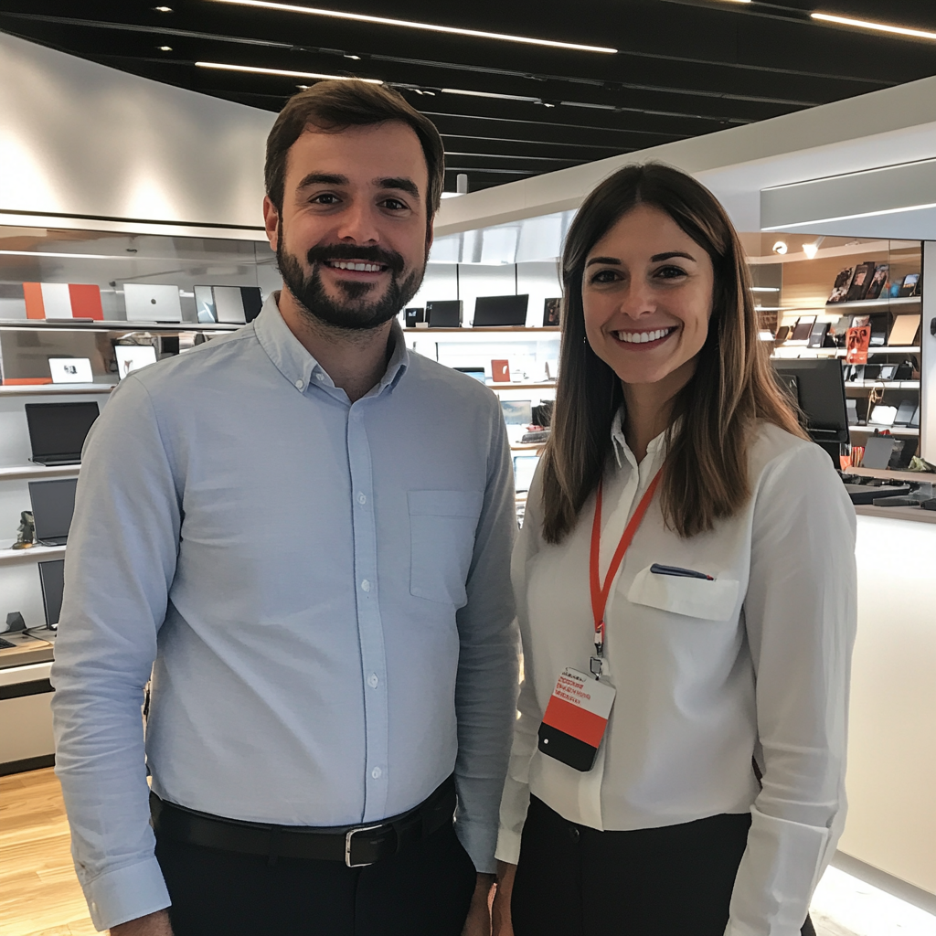 Un couple souriant dans un magasin de technologie | Source : Midjourney