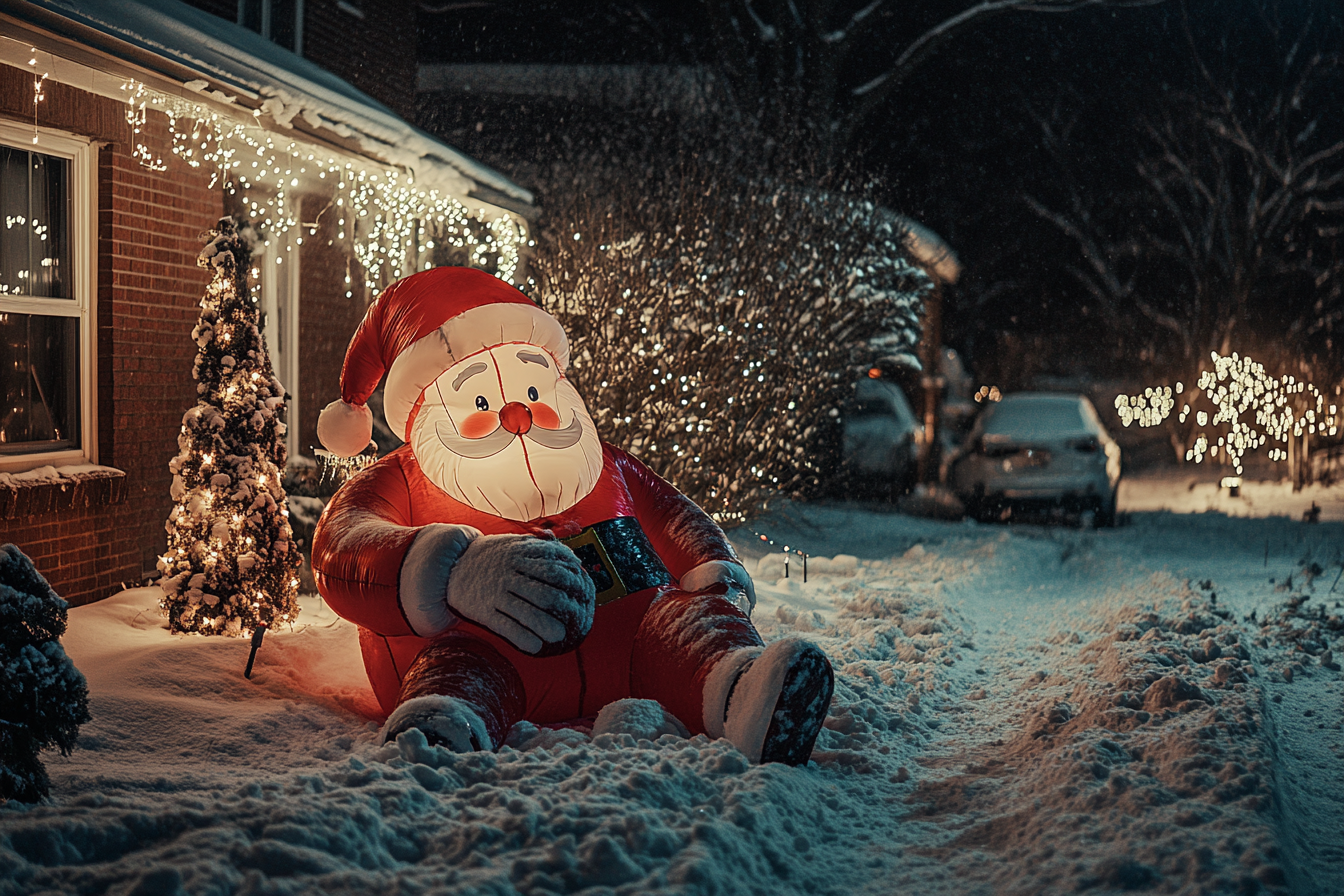 Le Père Noël gonflable s'est renversé dans une cour enneigée | Source : Midjourney