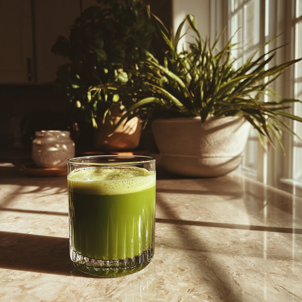 Un verre de jus vert sur un comptoir | Source : Midjourney