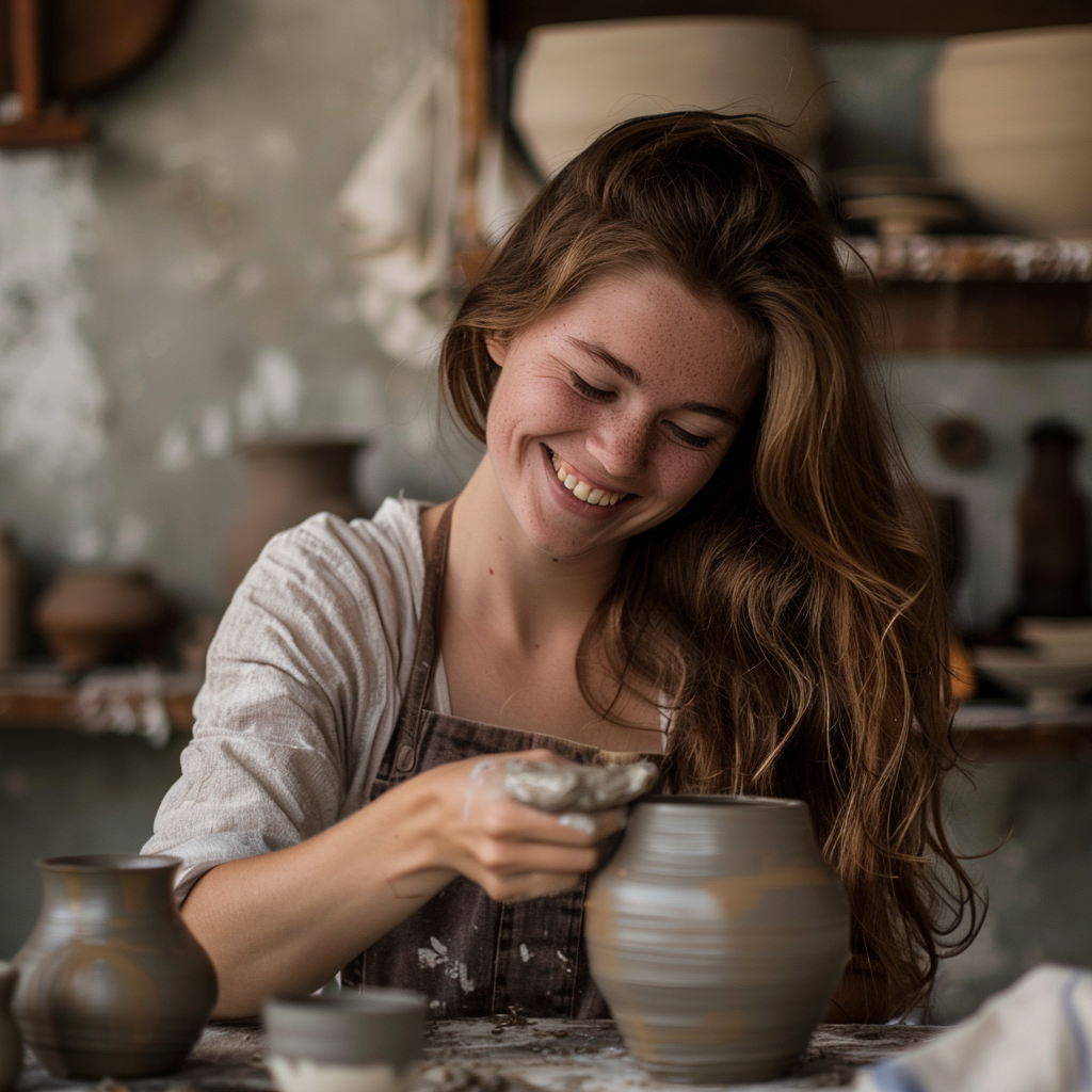 Une jeune femme souriante qui fait de la poterie | Source : Midjourney