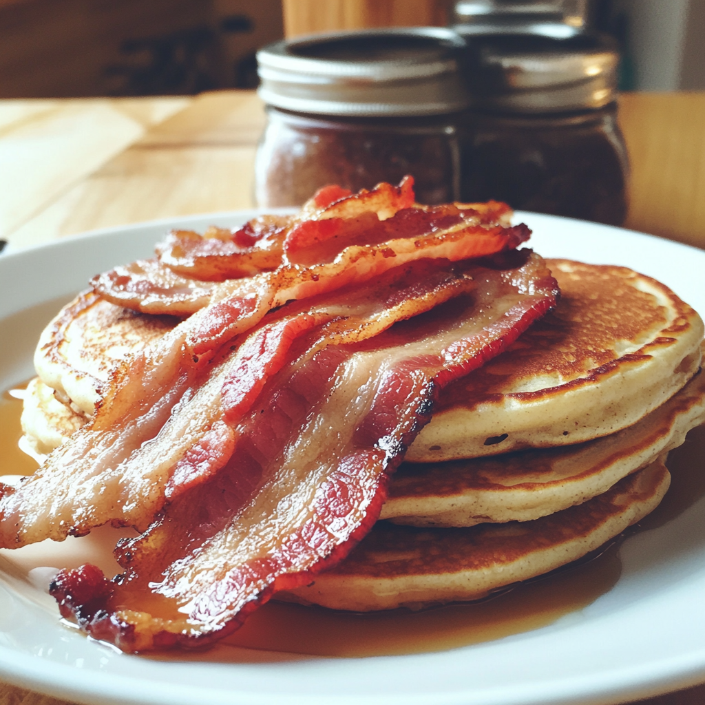 Une assiette de crêpes et de bacon | Source : Midjourney