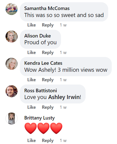 Commentaires de particuliers sur une publication Facebook d'Ashley Irwin. │Source : facebook.com/ashley.irwin