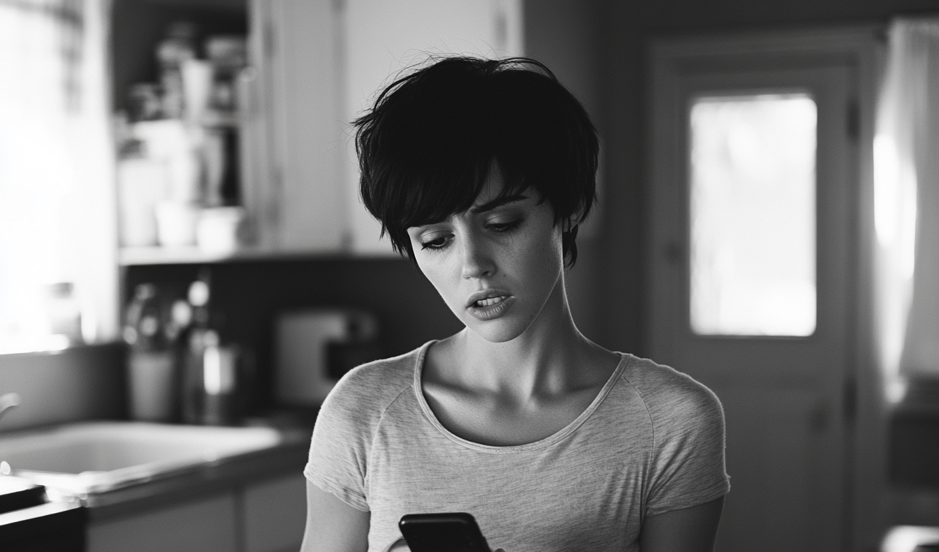 Une femme debout dans une cuisine en train de regarder son téléphone | Source : Midjourney