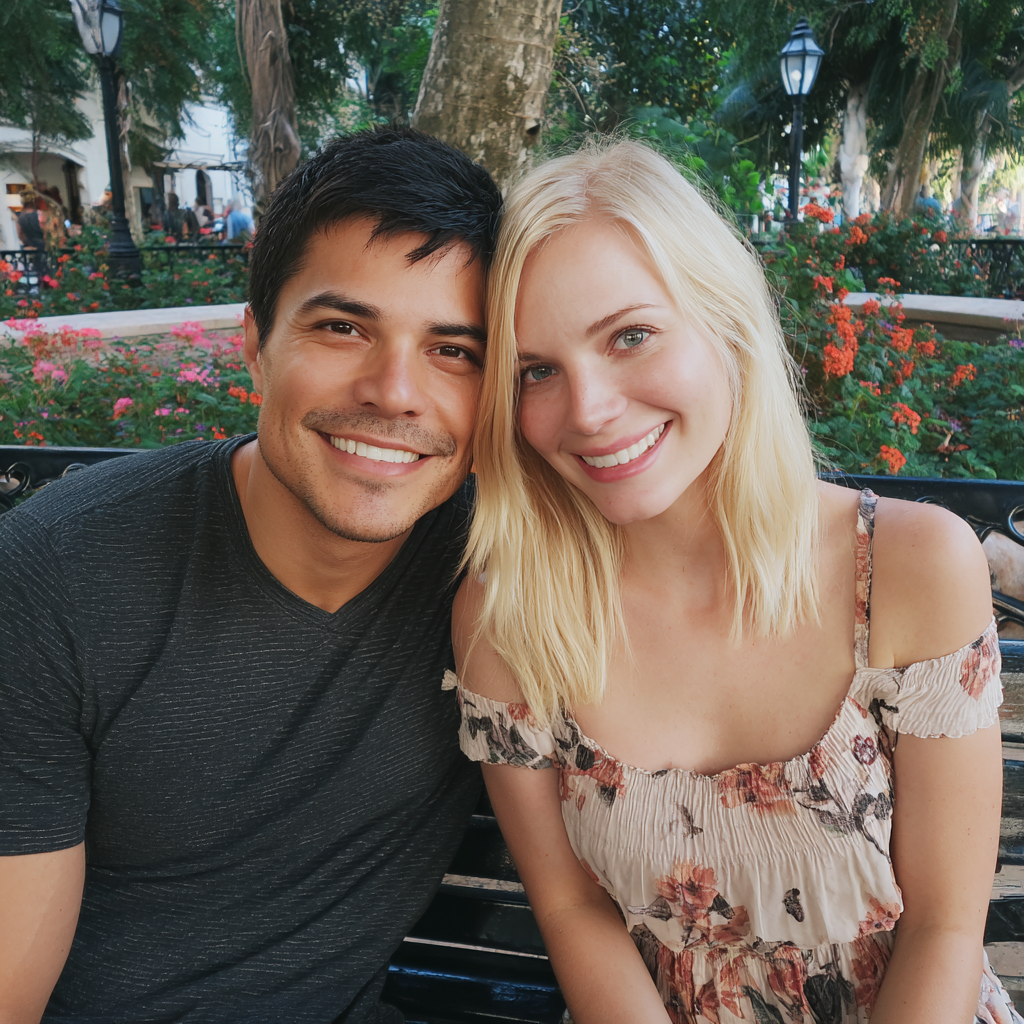 Un couple souriant assis ensemble sur un banc | Source : Midjourney