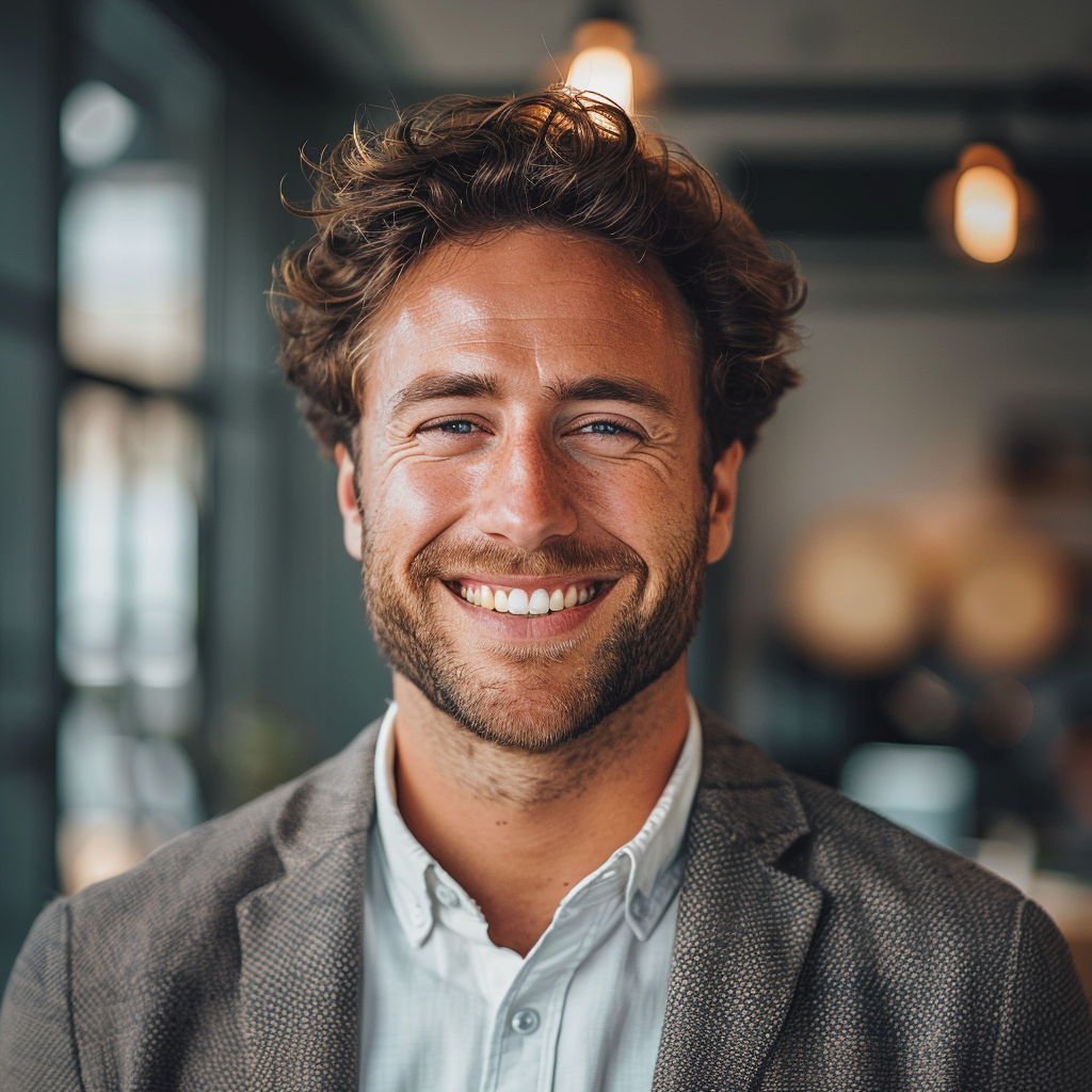 Un homme souriant dans un bureau | Source : Midjourney