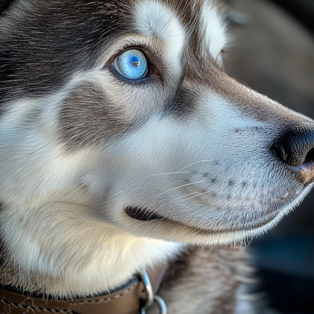 Gros plan sur un husky avec un collier | Source : Midjourney