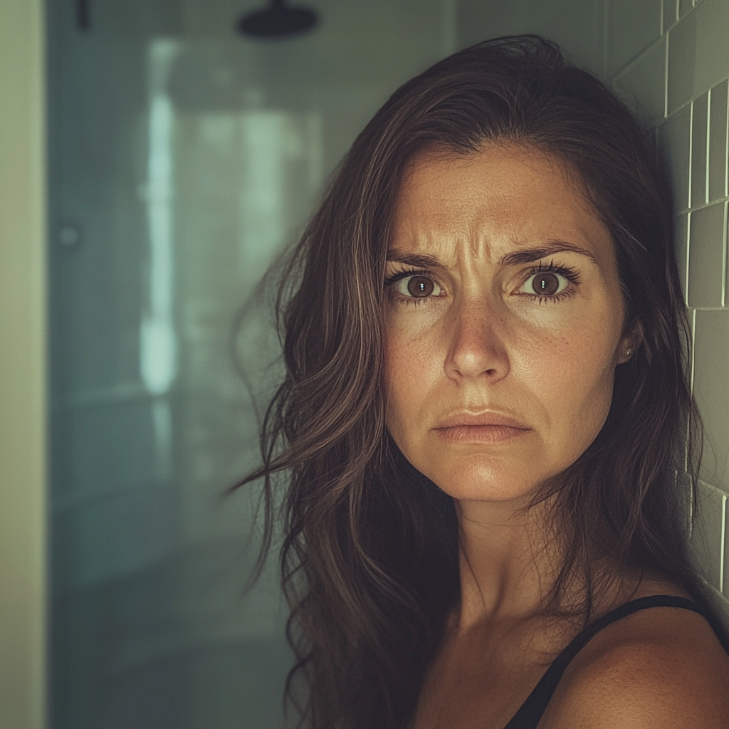 Une femme bouleversée dans une salle de bain | Source : Midjourney