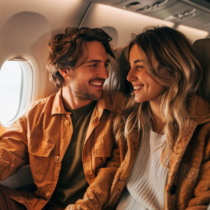 Un couple heureux volant dans un avion | Source : Midjourney