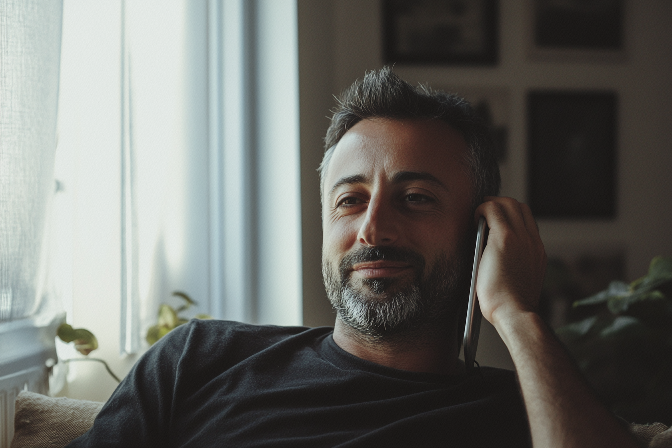 A smiling man talking on the phone | Source: Midjourney