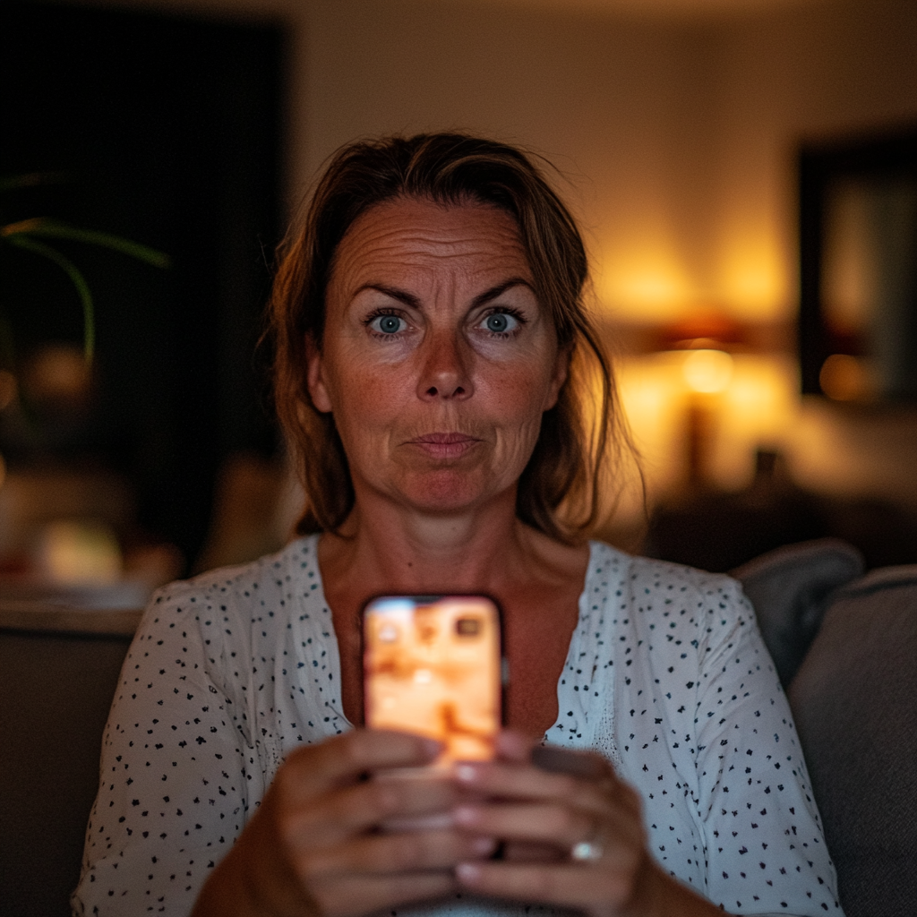 A woman holding her phone in the air in her living room | Source: Midjourney