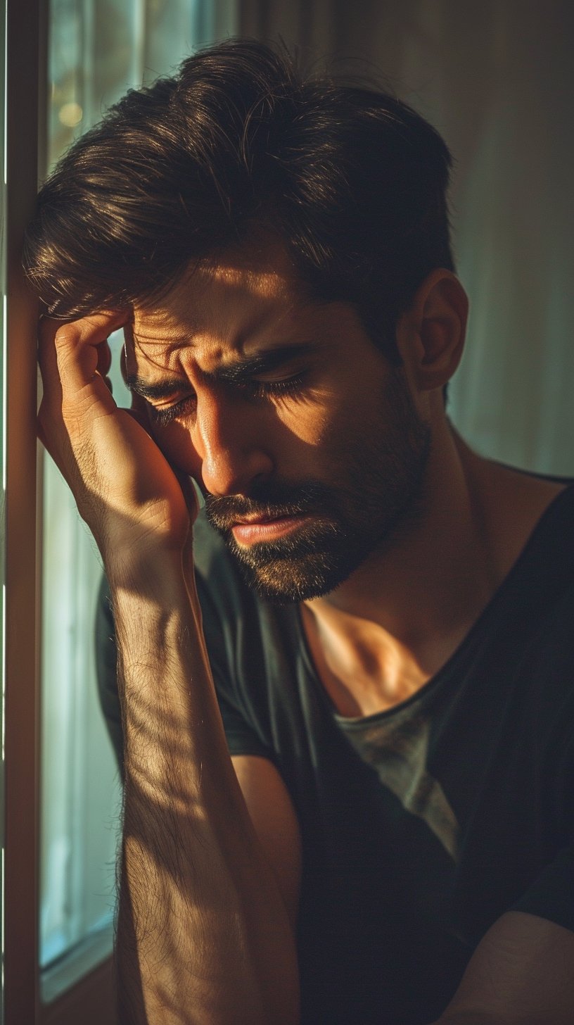 An upset man with his head leaning near a window | Source: Midjourney