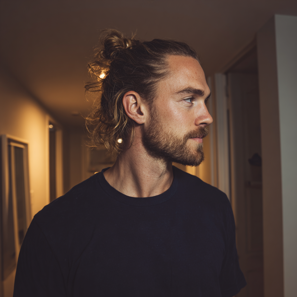 Un homme debout dans un couloir d'appartement | Source : Midjourney