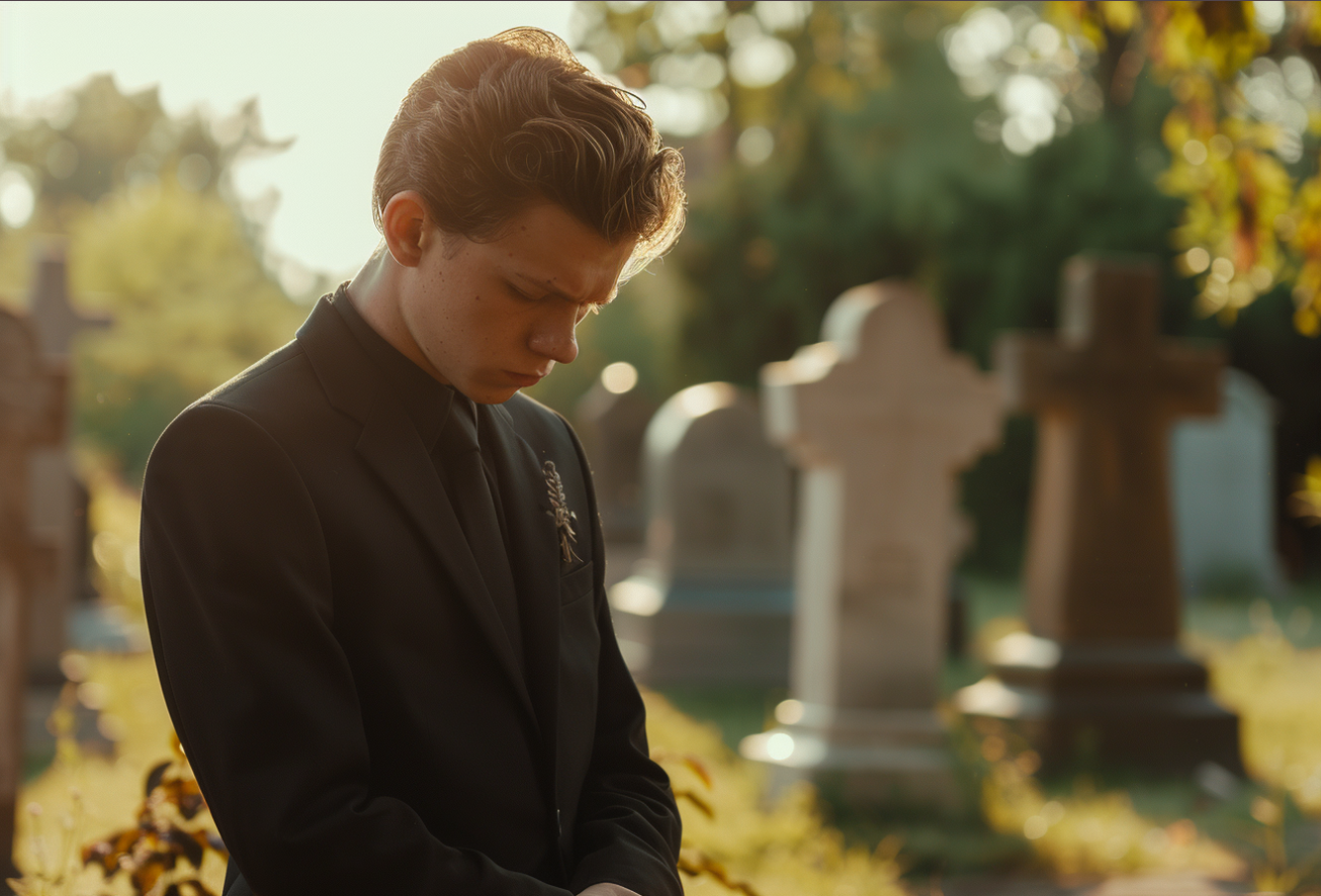 A young man visiting his grandfather's grave | Source: Midjourney