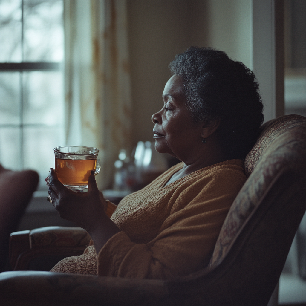 A middle-aged woman drinking tea | Source: Midjourney