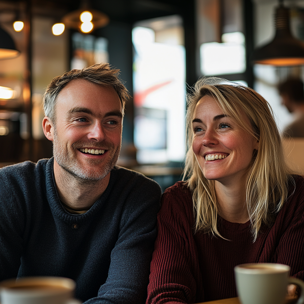 Un couple assis et discutant dans un café | Source : Midjourney