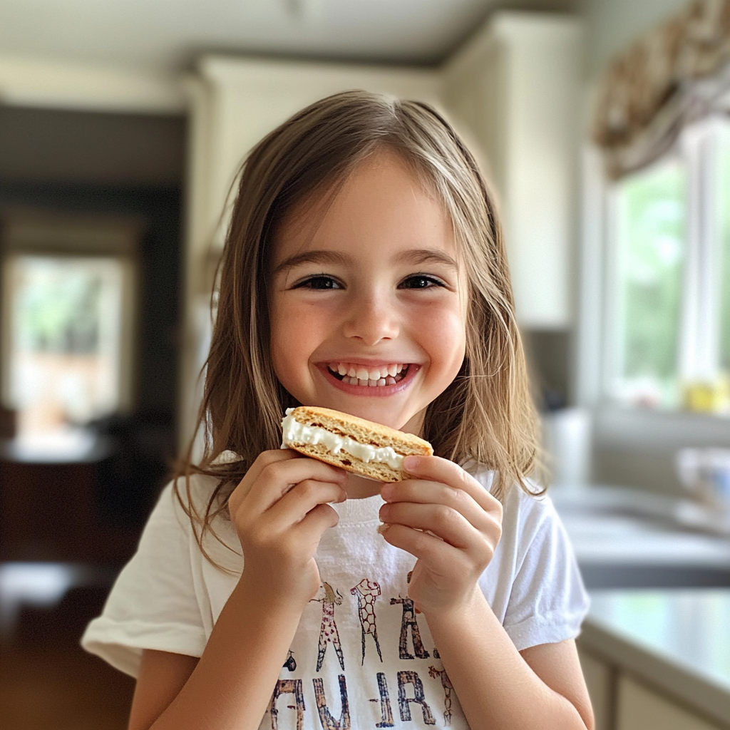 Une petite fille souriante tenant un sandwich à la crème glacée | Source : Midjourney