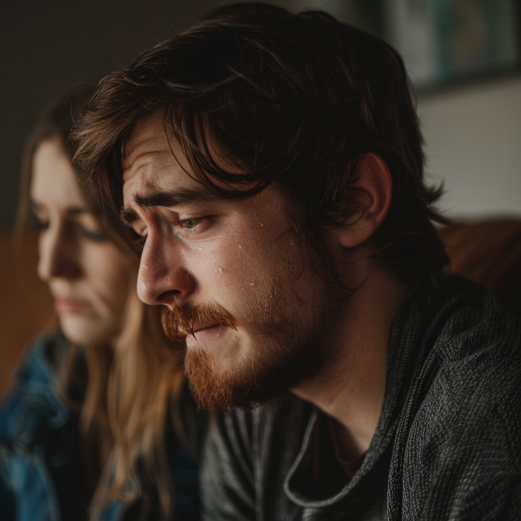 Un homme qui pleure avec sa femme assise à côté de lui | Source : Midjourney