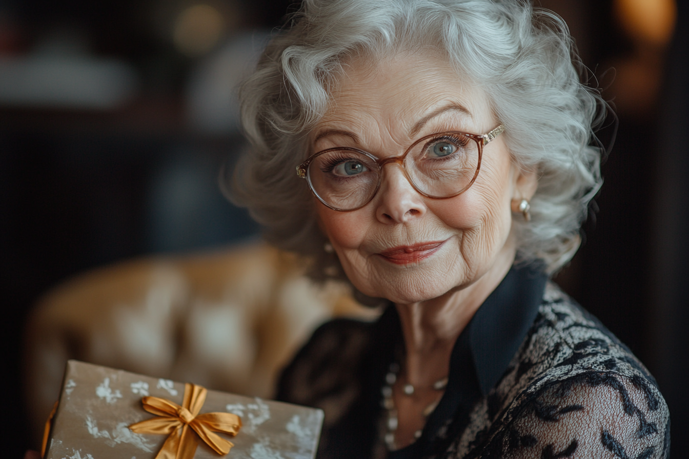 Femme âgée tenant un paquet cadeau | Source : Midjourney