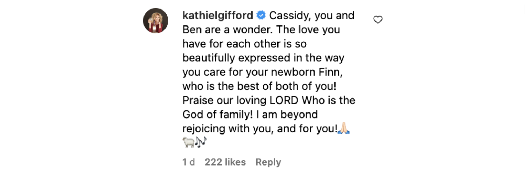 Kathie Lee Gifford commente une photo Instagram de son petit-fils postée par sa fille, Cassidy, en juin 2023. | Source : instagram.com/cassidygiff/