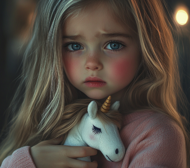 Une petite fille triste avec une peluche licorne | Source : Midjourney