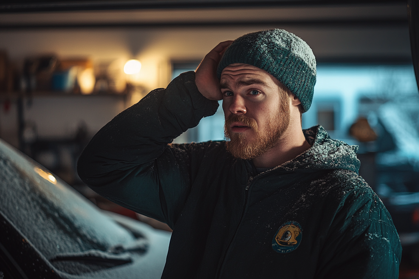 A man standing next to a car in a garage | Source: Midjourney