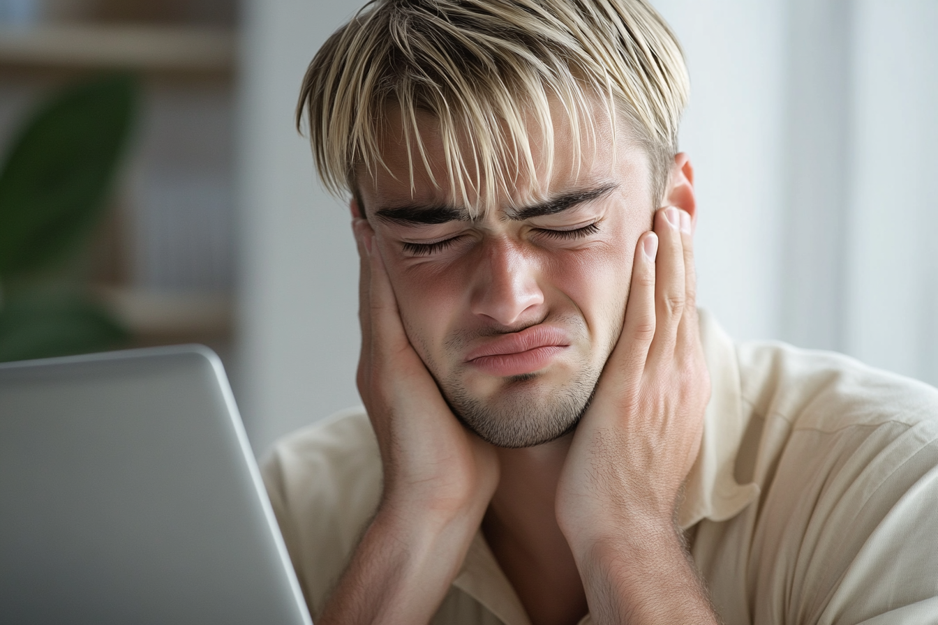 Un homme frustré travaillant sur un ordinateur portable | Source : Midjourney