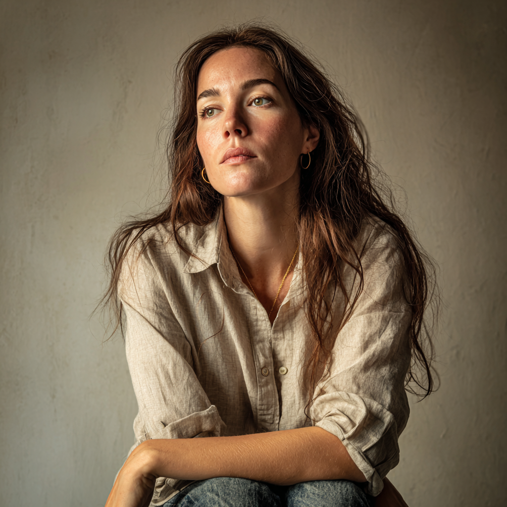 Une femme pensive portant une chemise en lin | Source : Midjourney