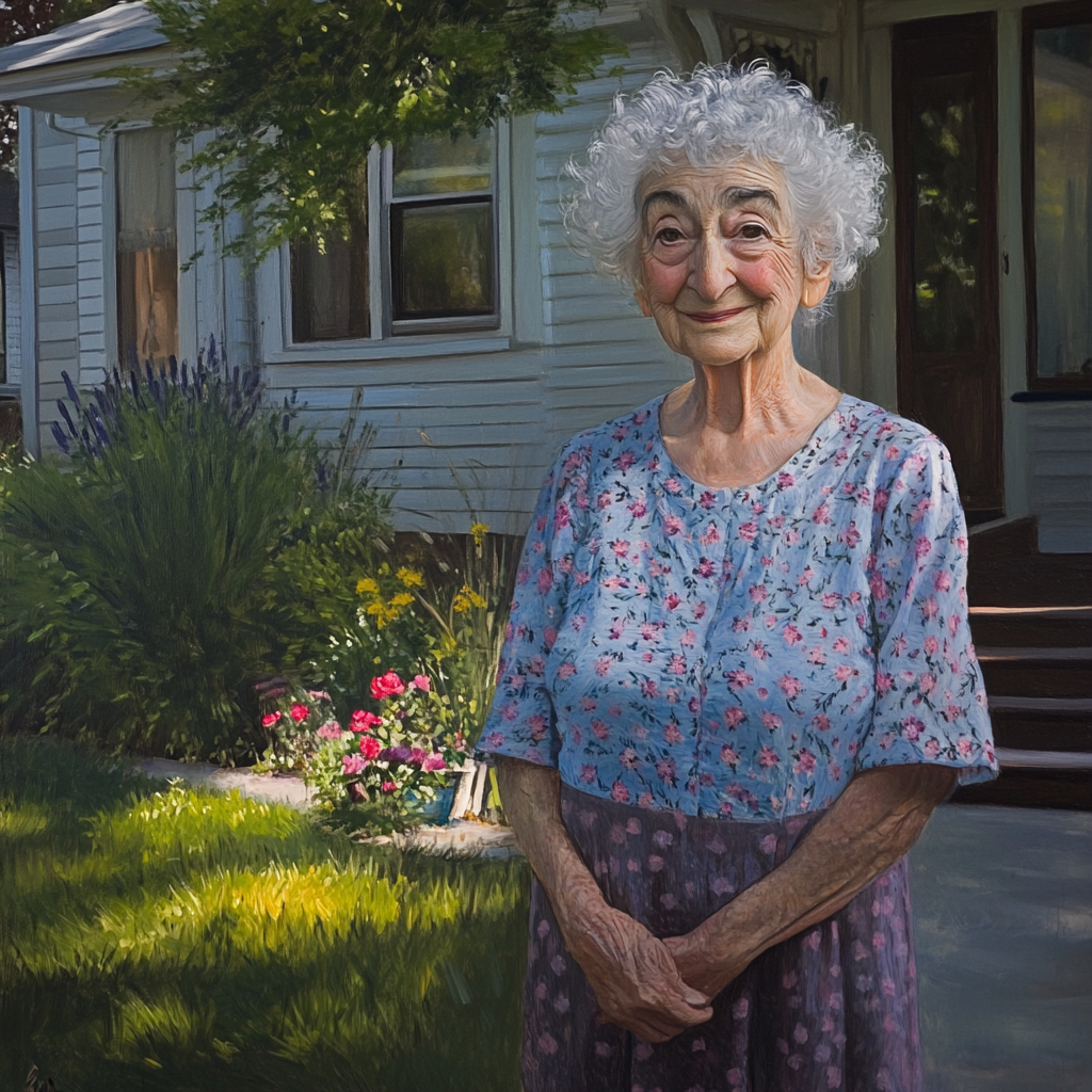 Une femme souriante devant sa maison | Source : Midjourney