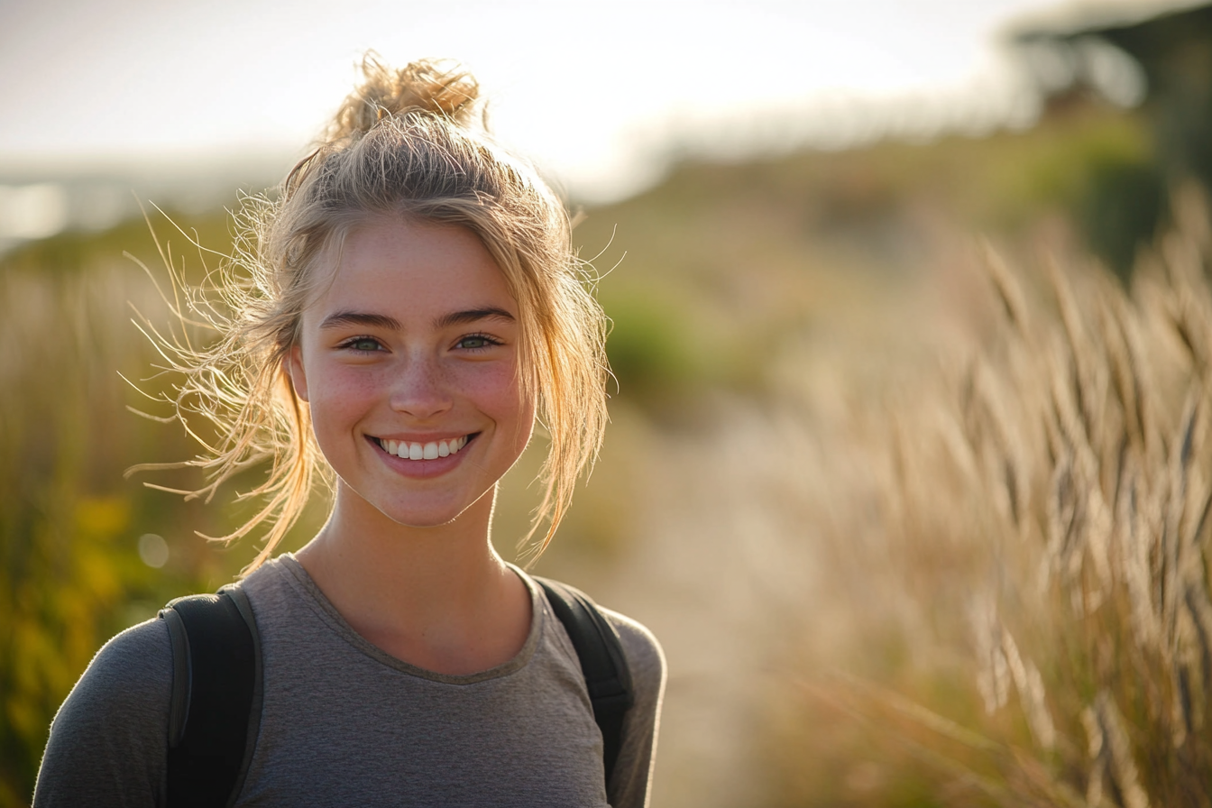 Une jeune femme sourit en marchant sur un chemin | Source : Midjourney