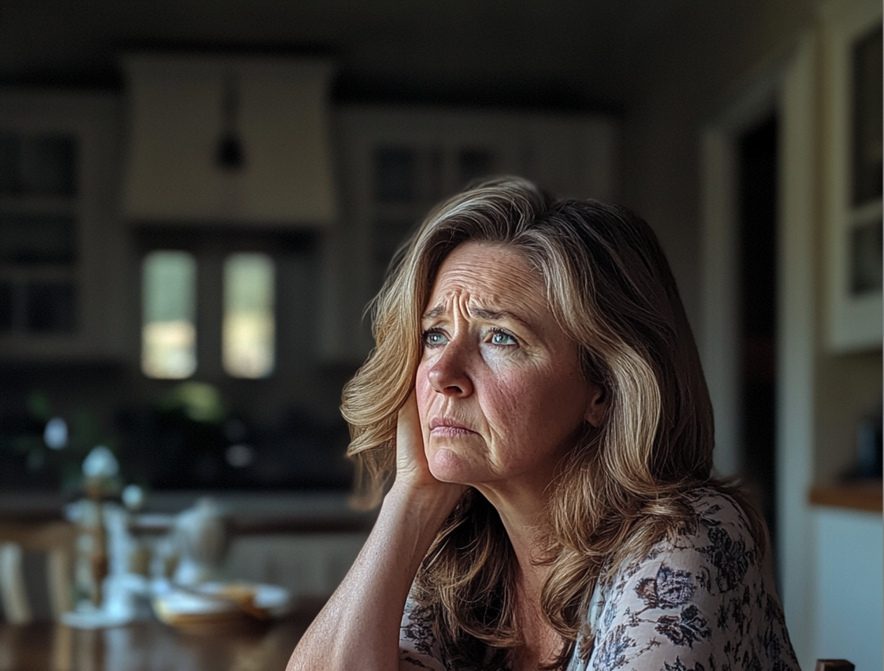 Une femme âgée bouleversée assise à une table de cuisine | Source : Midjourney