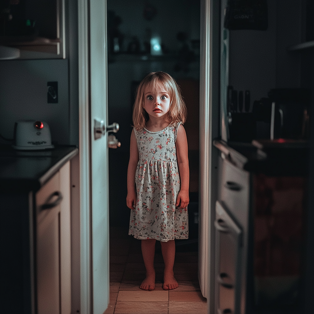 Une fille effrayée dans l'embrasure de la porte de la cuisine | Source : Midjourney