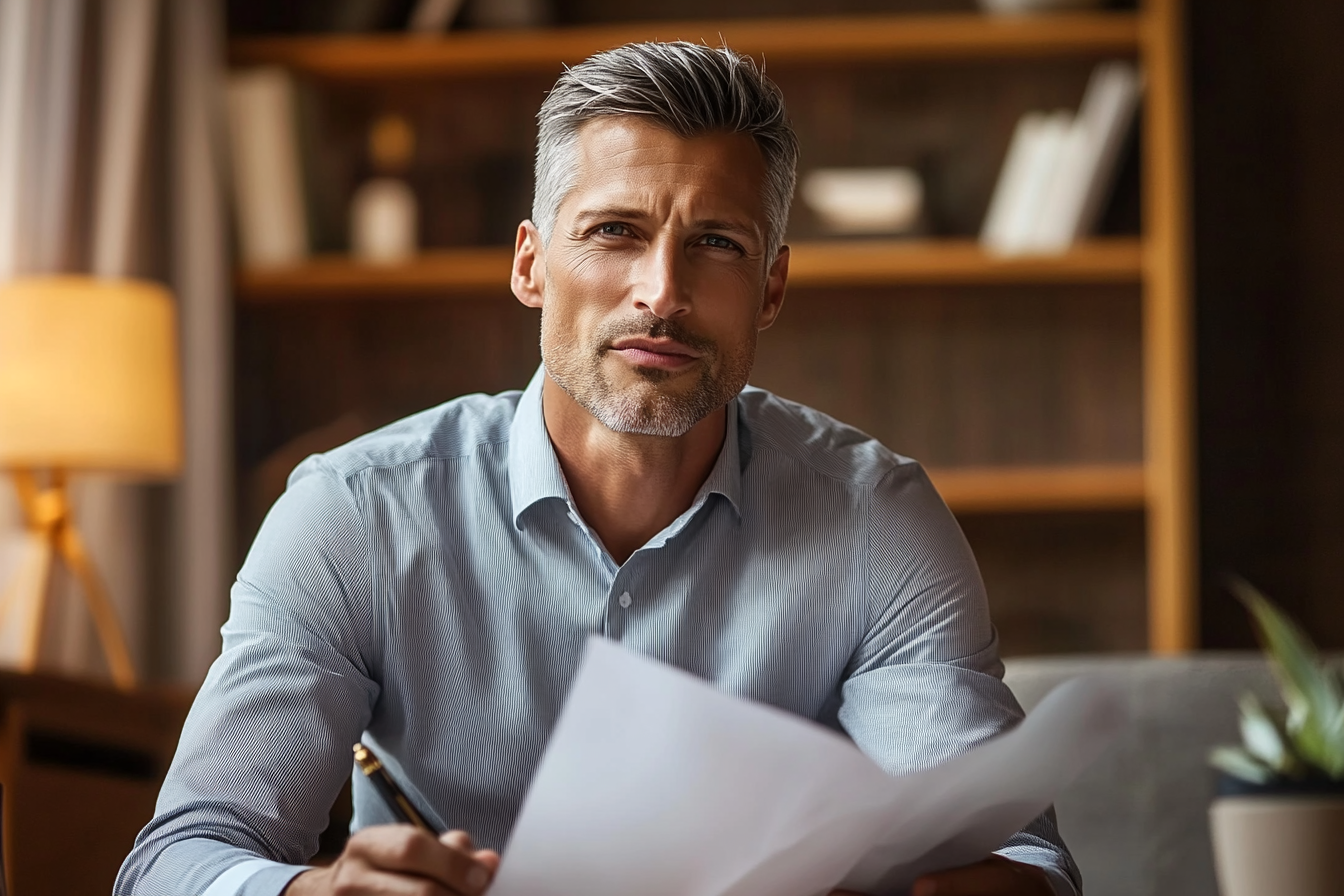 Comme un homme tenant des documents et souriant légèrement | Source : Midjourney