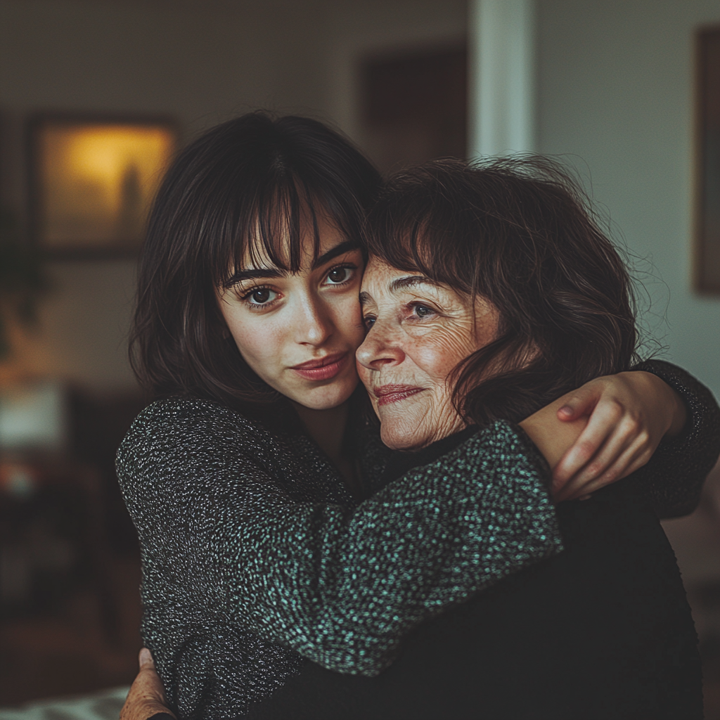 Une femme serrant sa mère dans ses bras | Source : Midjourney