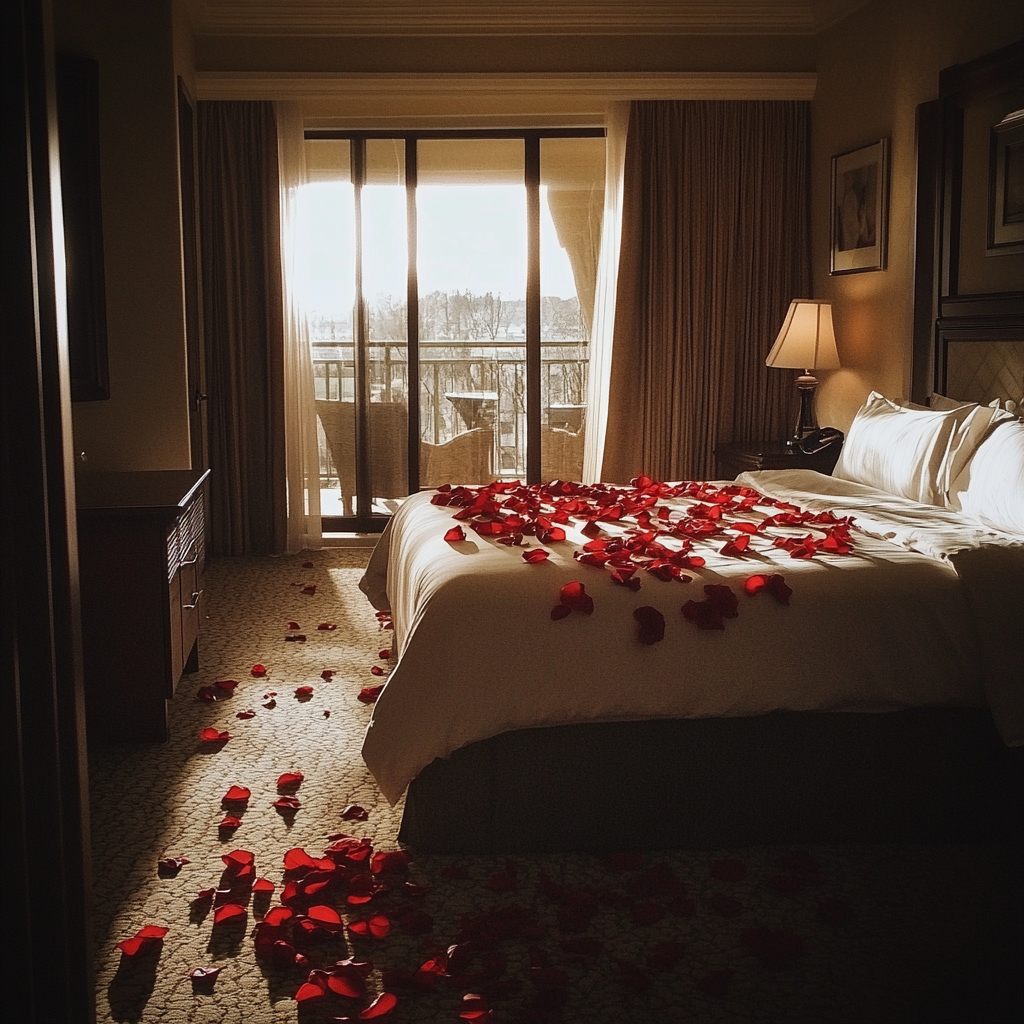 Une chambre d'hôtel avec des pétales de rose partout | Source : Midjourney