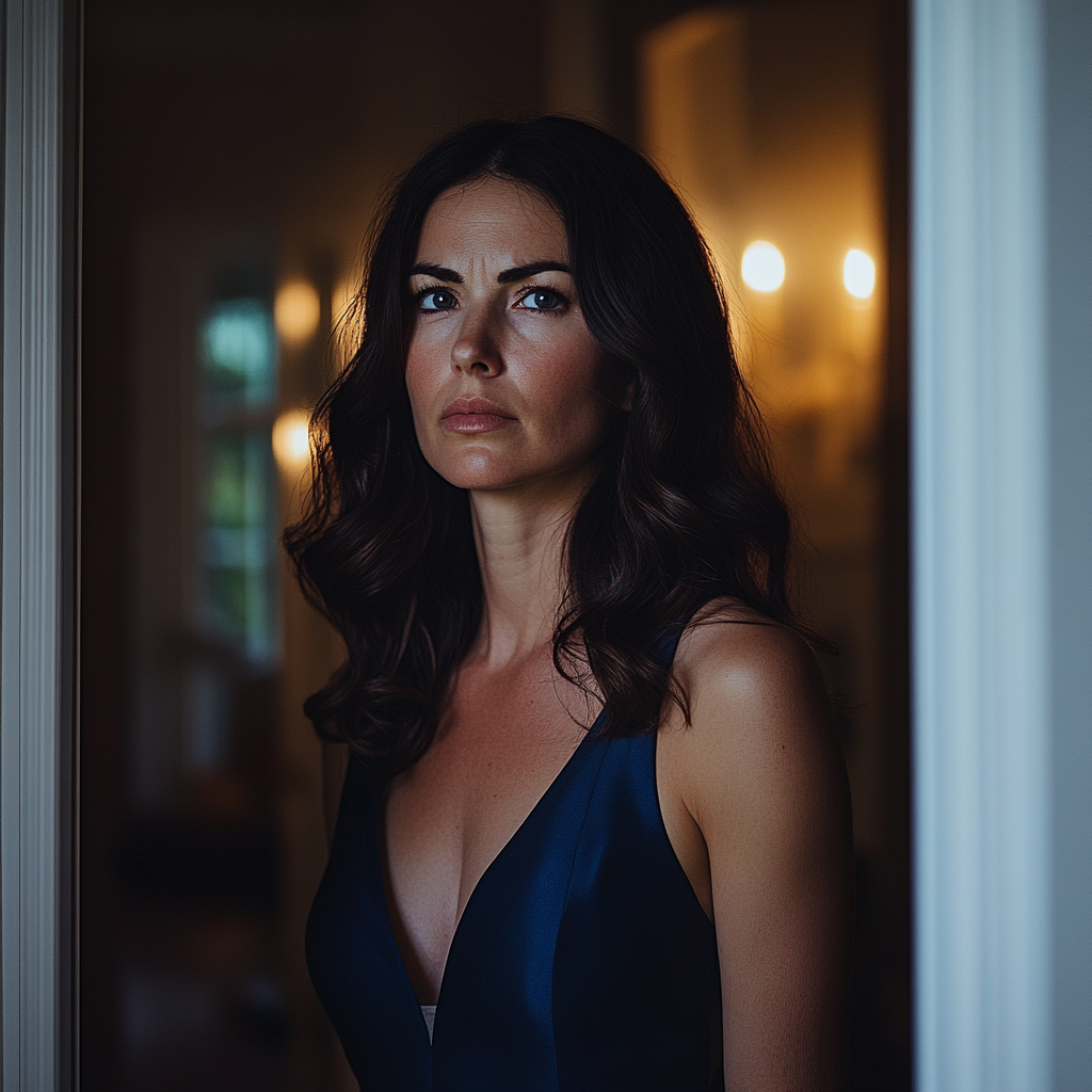 Une femme bouleversée se tenant dans l'embrasure d'une porte | Source : Midjourney