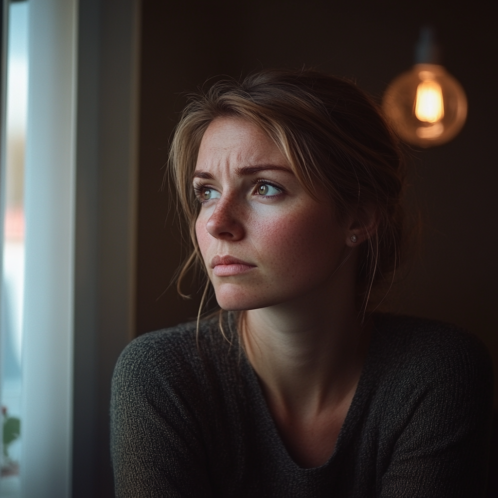 Une femme triste et pensive qui regarde par la fenêtre | Source : Midjourney