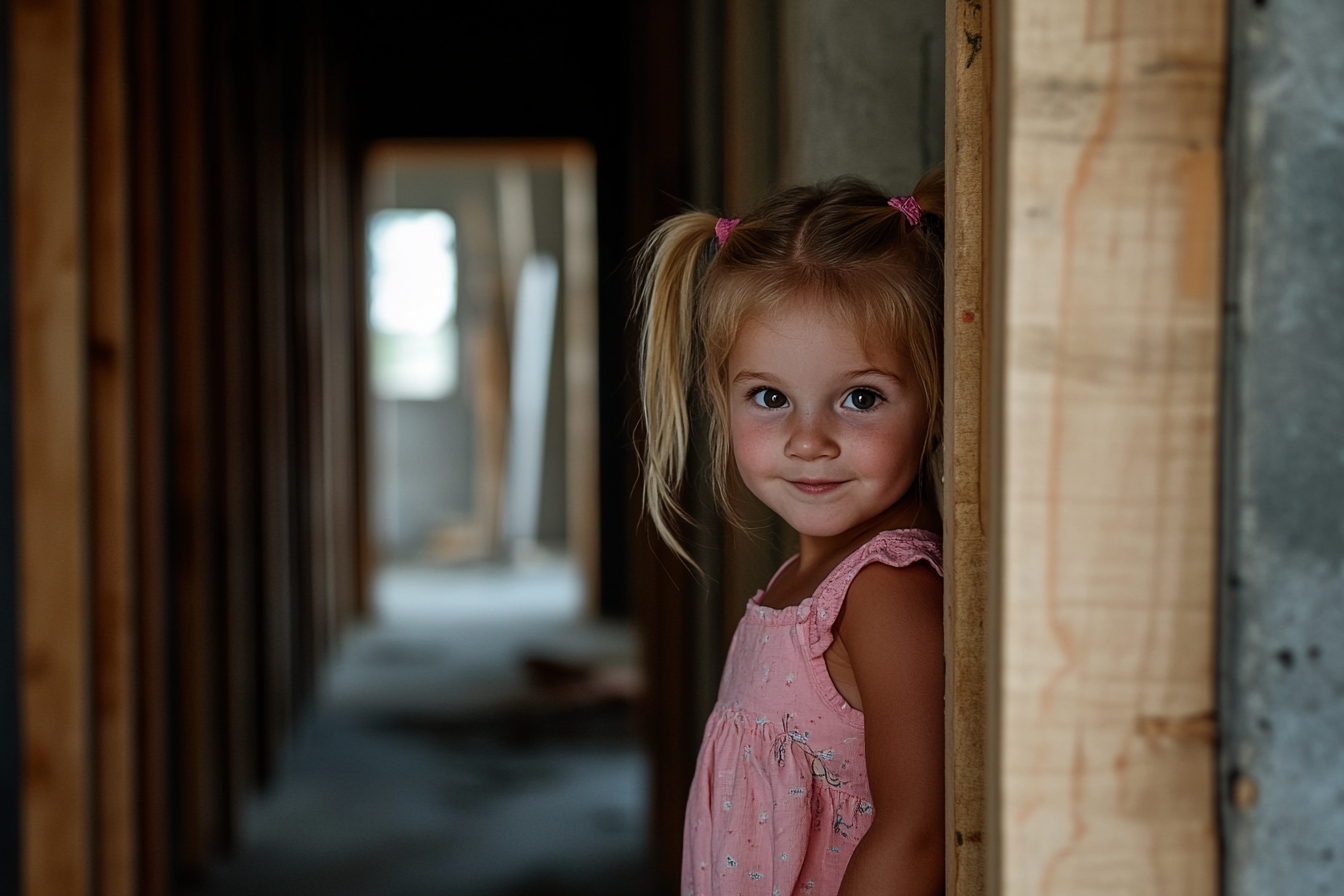 Une petite fille en robe rose avec des nattes jette un coup d'œil dans un couloir en construction, timidement | Source : Midjourney