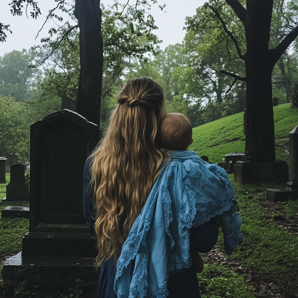 Une femme et un bébé dans un cimetière | Source : Midjourney