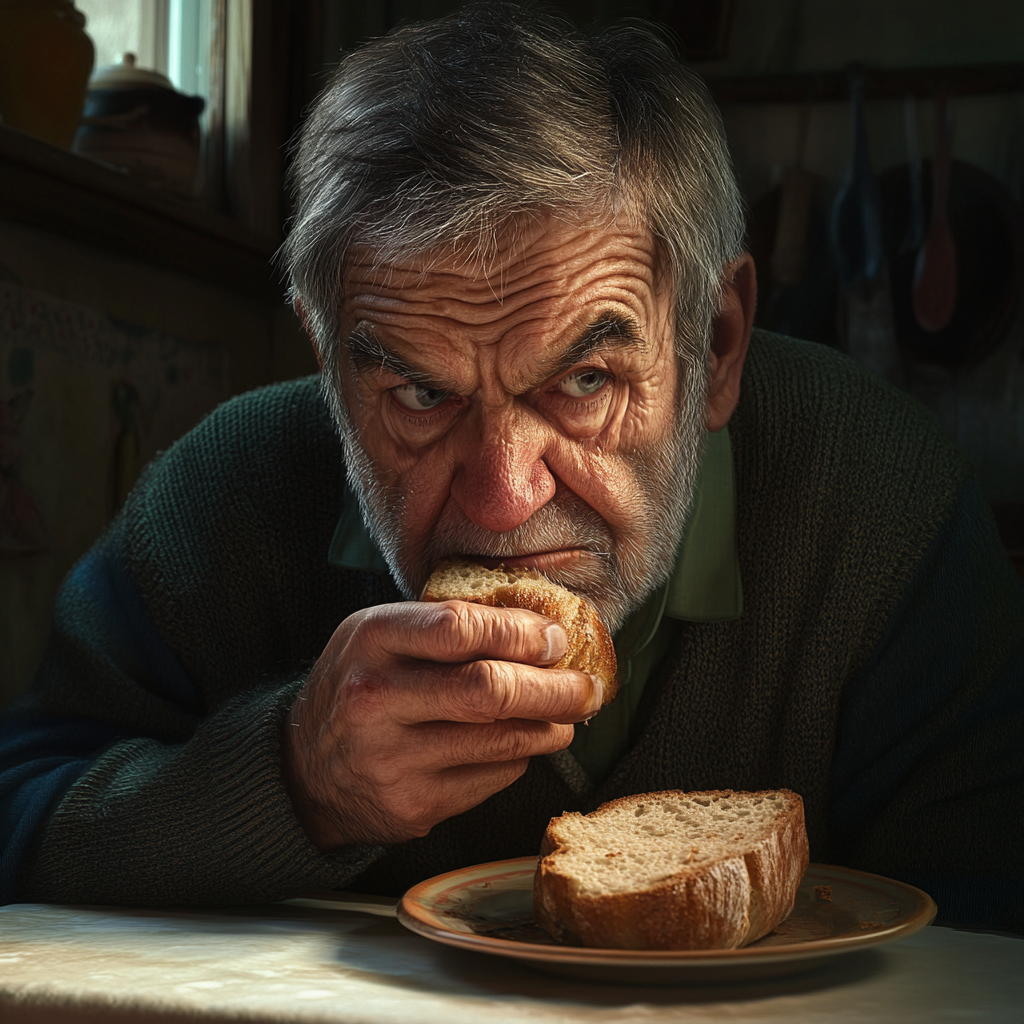 Un homme âgé émotif se régalant d'une tranche de pain maison | Source : Midjourney