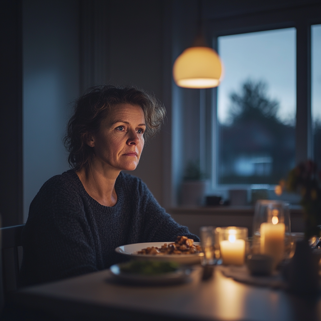 Une femme à l'air sérieux lors d'un dîner | Source : Midjourney