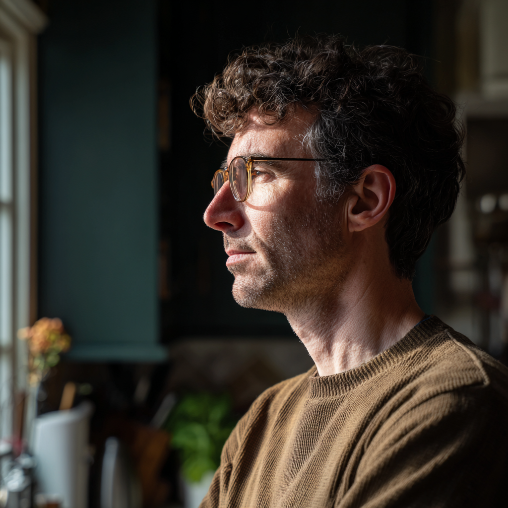 Un homme pensif qui regarde par la fenêtre | Source : Midjourney