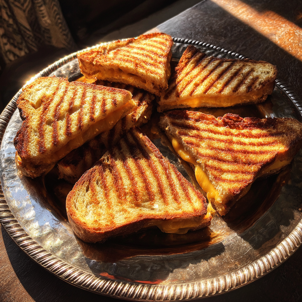 Des morceaux de sandwichs au fromage grillé sur une assiette | Source : Midjourney