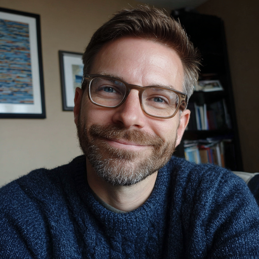 Un homme souriant portant un pull bleu | Source : Midjourney