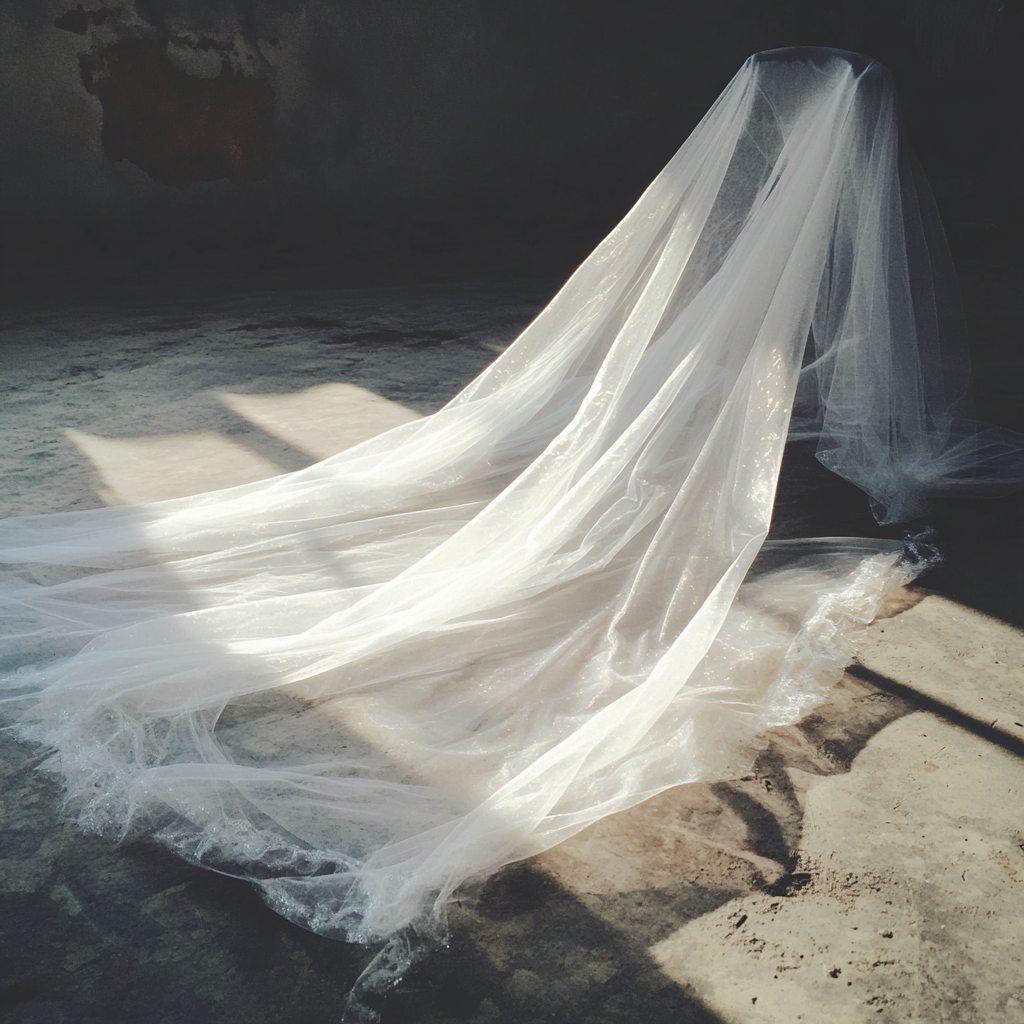 Un voile de mariée tombé au sol | Source : Midjourney