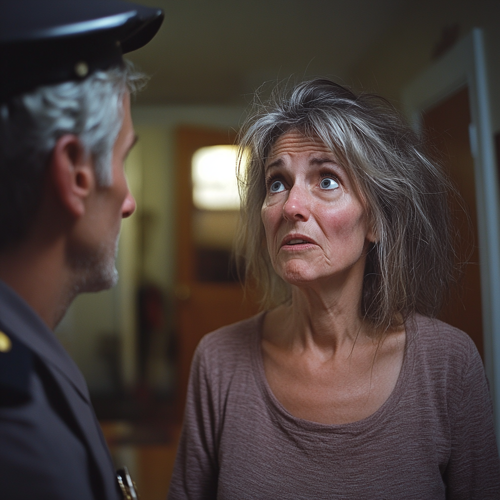 An upset woman speaks to a police officer | Source: Midjourney